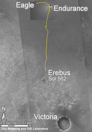 Opportunity - traverse route. Image credit NASA/JPL/OSU.